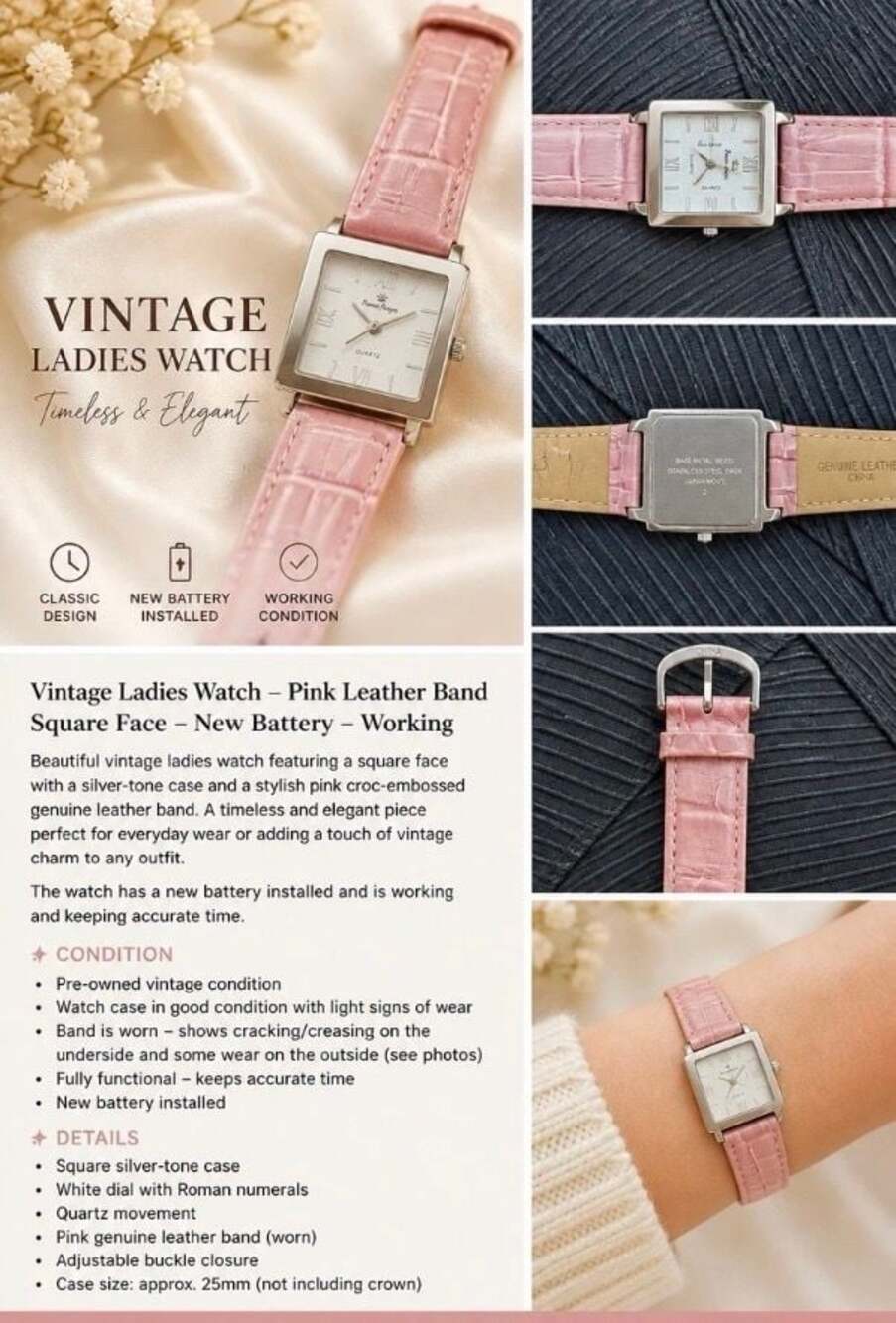 Premier Designs Vintage Women’s Pink Leather Square Watch Quartz New Battery